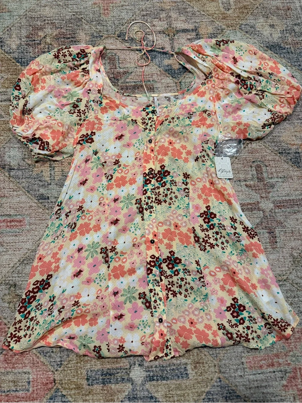 Free People Peach Multi-Color Floral Puff-Sleeve Blouse